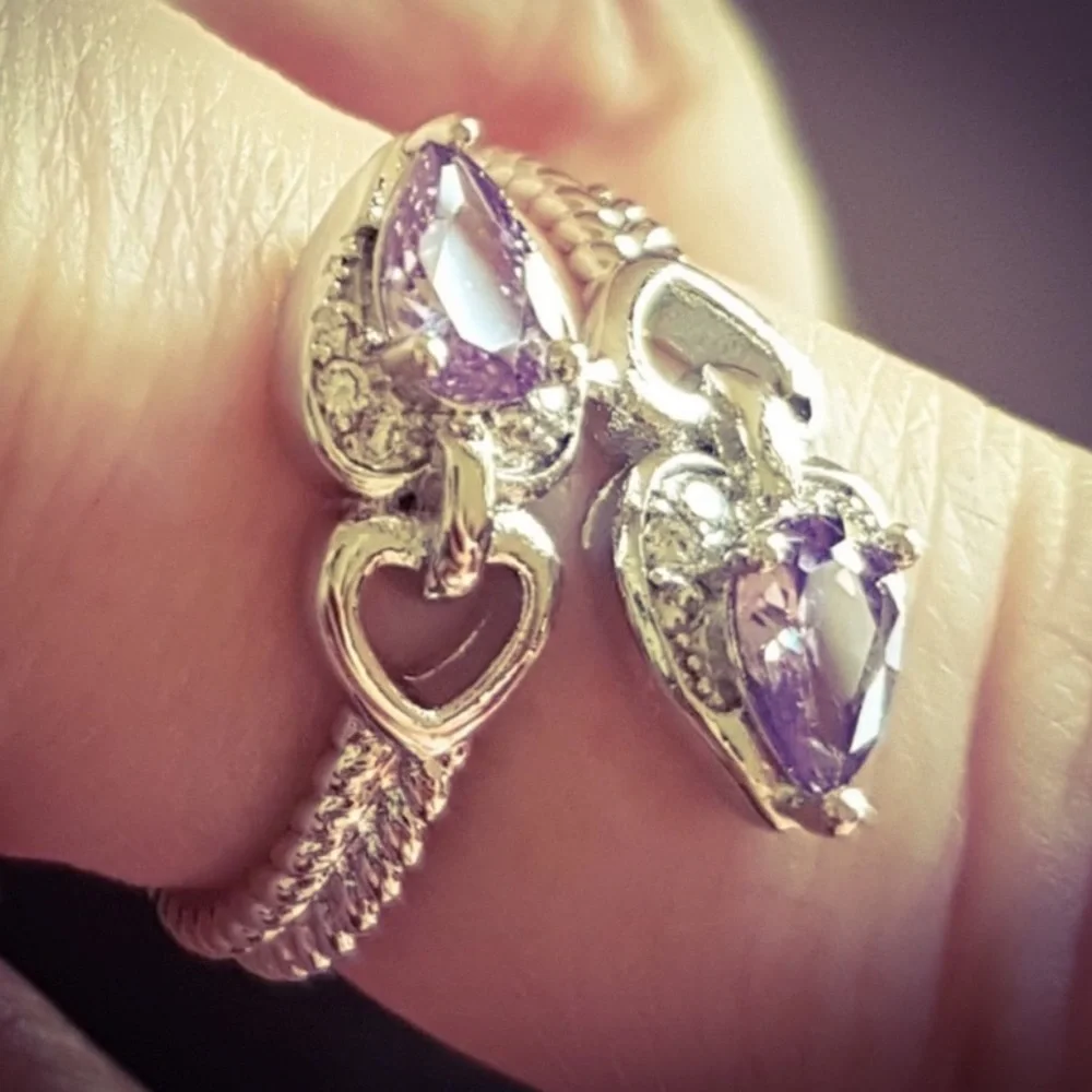 New S925 Sterling Silver Purple Amethyst & Morganite Heart Tear Drop Ring